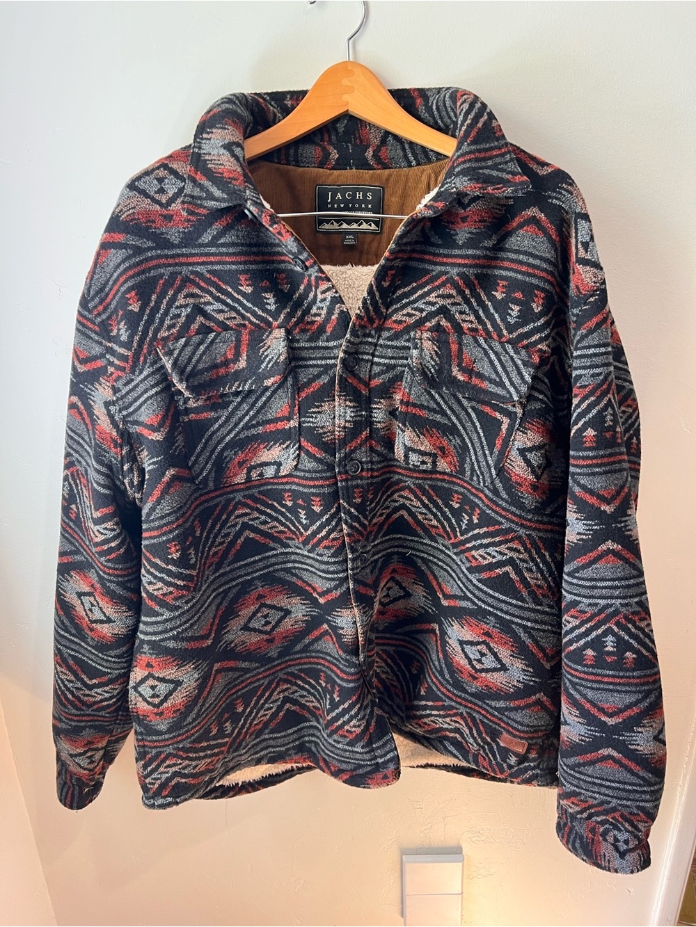 Jachs New York Corduroy-Trim Aztec Sherpa Jacket in Black & Rust